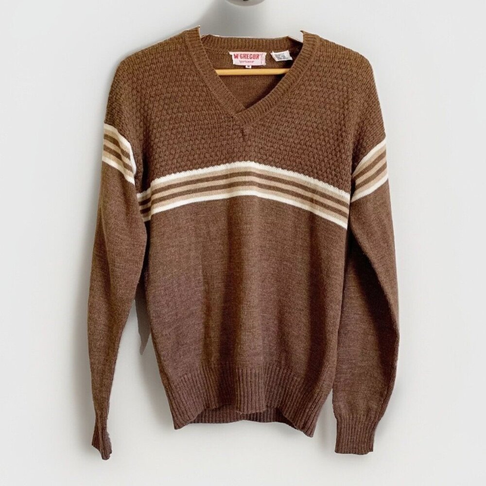 McGregor Brown Stripe Heritage Sweater Mens Medium V-Neck Long Sleeve Preppy